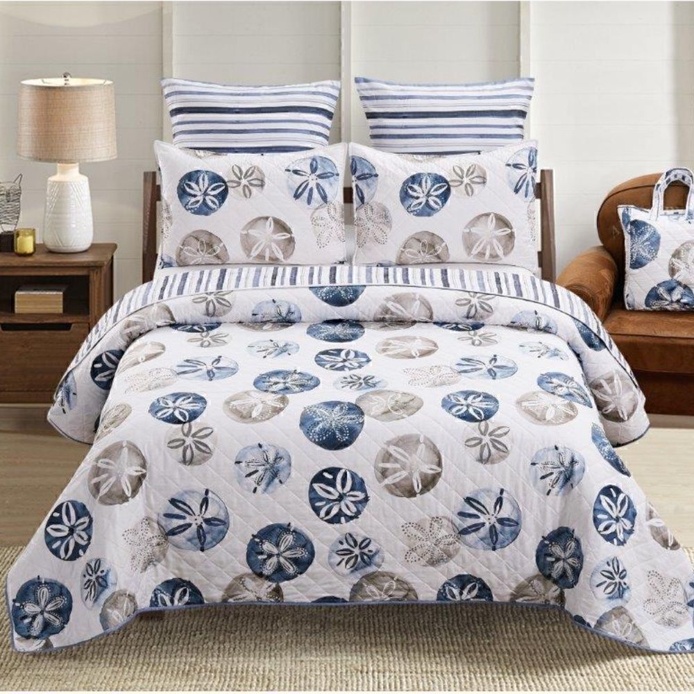 NEW! Beach Theme Sand Dollar Boho Printed KING Quilt Set with Matching Tote Bag